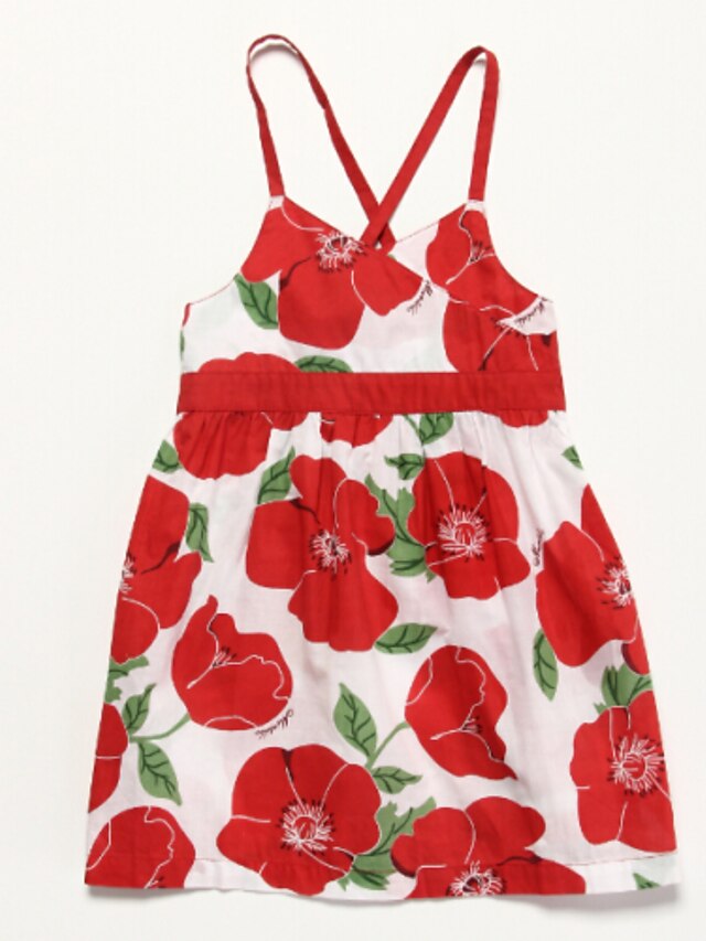  Girls' Floral Floral Sleeveless Cotton Dress Red