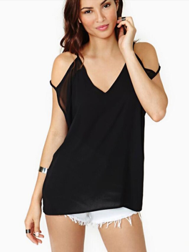  Women's Daily Street chic Summer Blouse,Solid V Neck Sleeveless Polyester Translucent