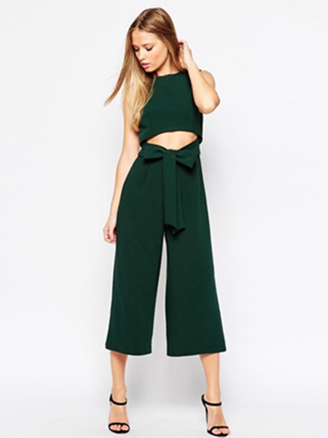  Women's Solid Green Jumpsuits , Sexy / Casual / Day Round Neck Sleeveless