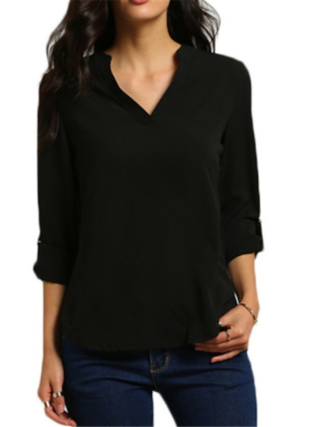  Damen T-Shirt Einfarbig Übergröße V-Ausschnitt Arbeit Wochenende Ausgeschnitten Langarm Oberteile Wein Weiß Schwarz
