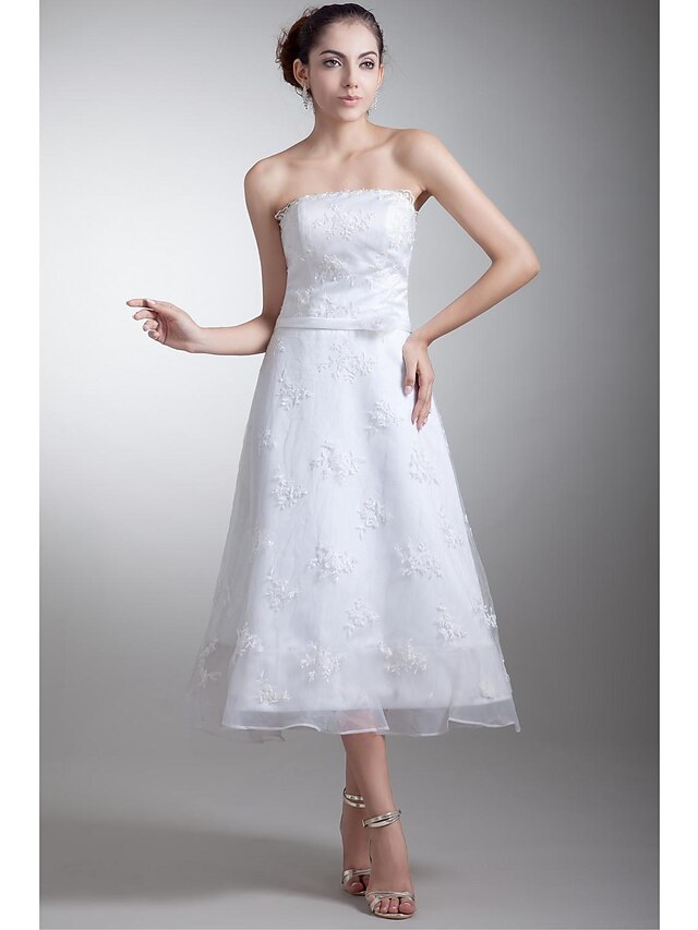  A-Line Strapless Tea Length Lace Made-To-Measure Wedding Dresses with Sash / Ribbon / Flower by LAN TING BRIDE® / Little White Dress