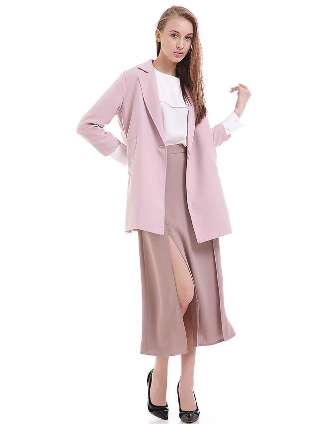 Dame Chic & Moderne Trenchcoat, Helfarge Polyester Formell Stil Hvit / Beige / Rosa S / M