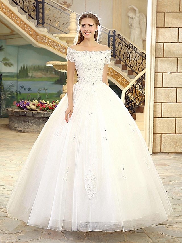  Wedding Dresses Ball Gown Off Shoulder Short Sleeve Floor Length Lace Over Tulle Bridal Gowns With Beading Appliques 2024