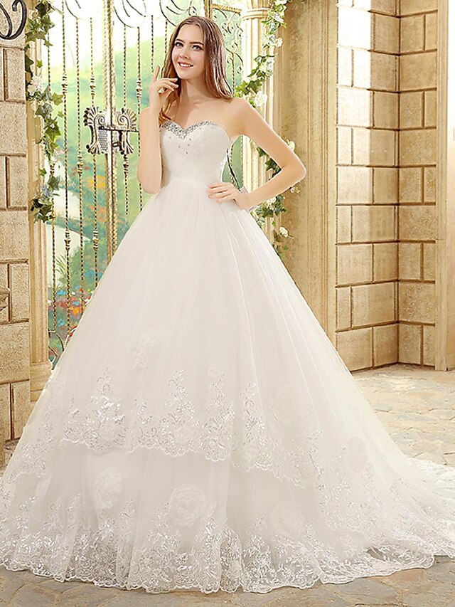  A-Line Strapless Court Train Tulle Made-To-Measure Wedding Dresses with Beading by