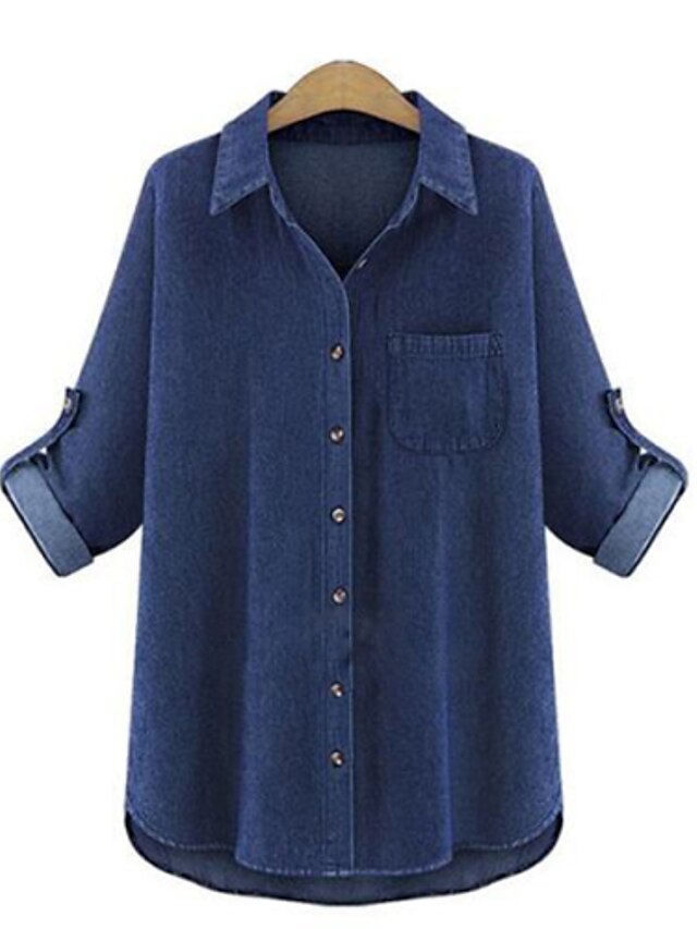  Women's Shirt Solid Colored Plus Size Shirt Collar Holiday Weekend Long Sleeve Regular Fit Tops Basic Dark Blue Light Blue