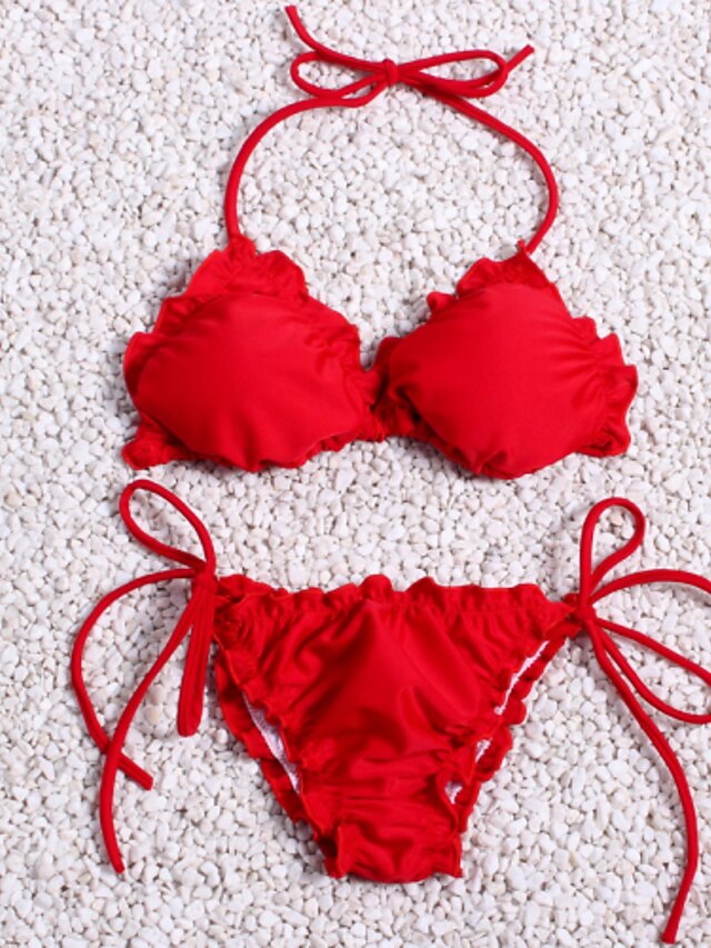  Women's Solid Ruffle Halter Neck Red Bikini Swimwear Swimsuit - Solid Colored S M L Red / Sexy