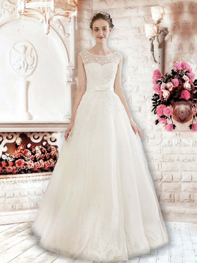 A-Line Jewel Neck Floor Length Lace / Tulle Made-To-Measure Wedding Dresses with Pearl / Appliques by