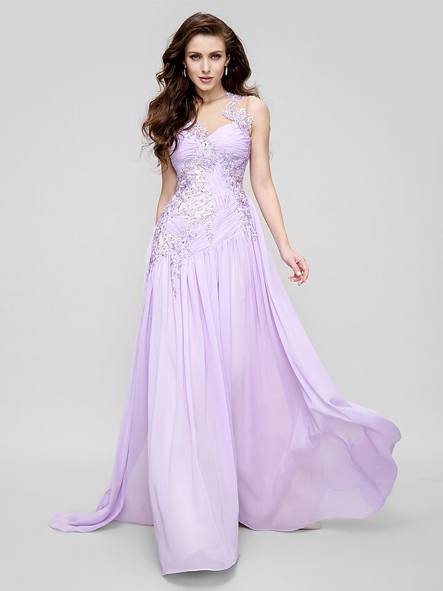  A-Line Illusion Neck Court Train Chiffon / Tulle Dress with Appliques / Side Draping / Ruched by TS Couture®