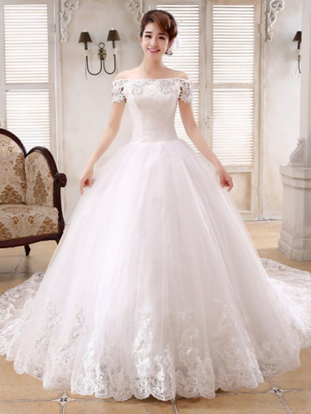  Ball Gown Bateau Neck Chapel Train Satin / Tulle Made-To-Measure Wedding Dresses with Crystal / Sequin by