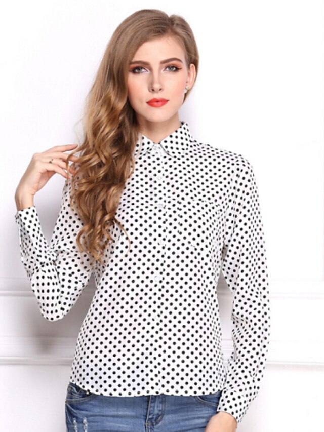  Women's Polka Dot Mesh Shirt Casual Street chic Work Shirt Collar White / Black