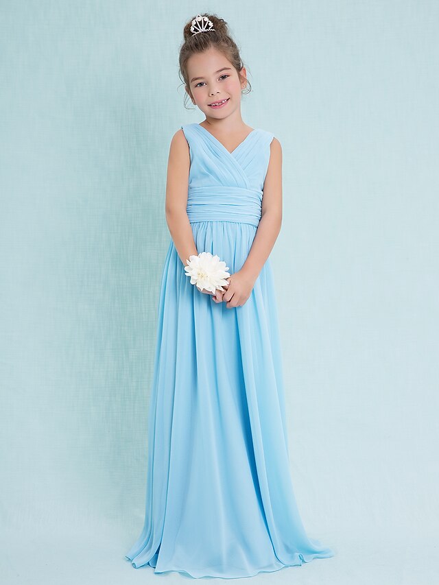  Sheath / Column Floor Length V Neck Chiffon Junior Bridesmaid Dresses&Gowns With Criss Cross Blue Kids Wedding Guest Dress 4-16 Year