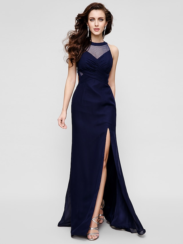  Ίσια Γραμμή Με Κόσμημα Μακρύ Σιφόν Φόρεμα με Με Άνοιγμα Μπροστά / Πλισέ με TS Couture®