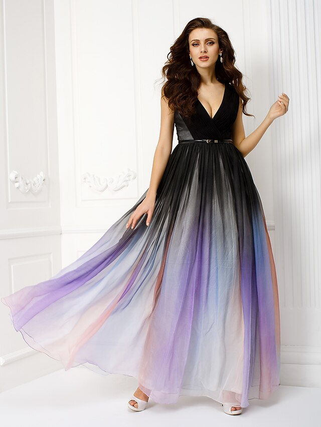  שמלת ערב רשמית בקו א-ליין שיפון ללא שרוולים באורך רצפה עם אבנט / סרט / שיפוע צבע
