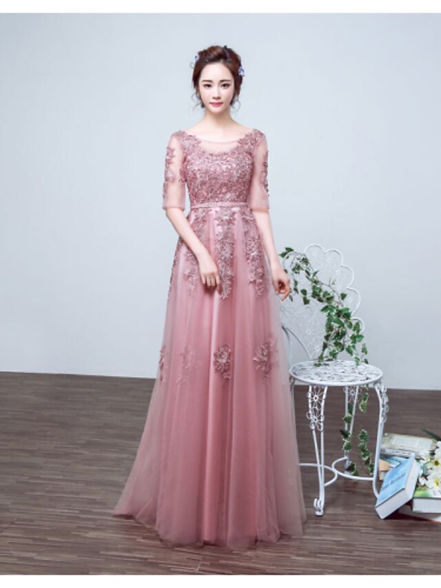  A-Line Open Back Formal Evening Dress Jewel Neck Half Sleeve Floor Length Lace Tulle with Lace 2020