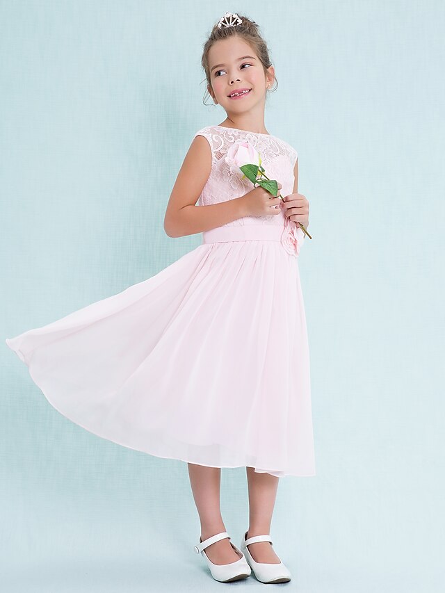  A-Line Tea Length Junior Bridesmaid Dress Chiffon Sleeveless Scoop Neck with Lace 2022 / Natural