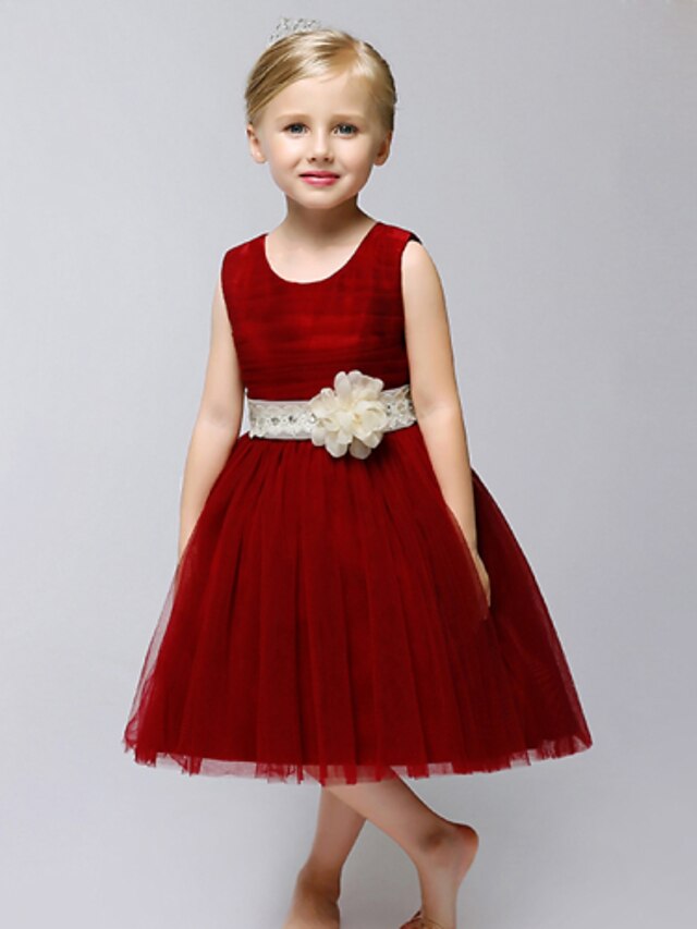  A-Line Knee Length Flower Girl Dress - Tulle Sleeveless Jewel Neck with Bow(s) / Sash / Ribbon / Flower by