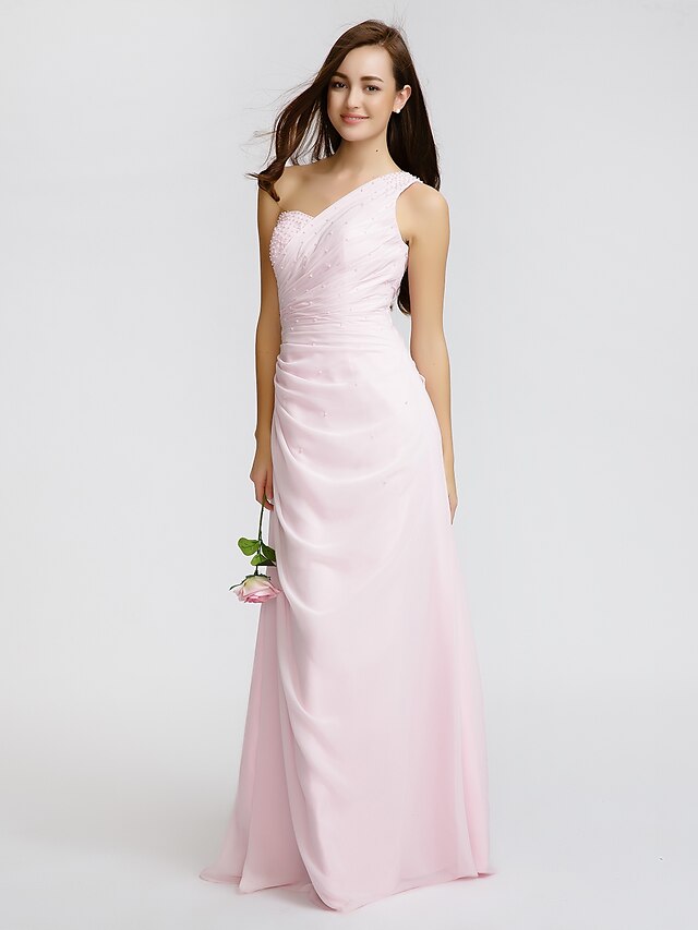  Sheath / Column Bridesmaid Dress One Shoulder Sleeveless Elegant Floor Length Chiffon with Beading / Side Draping