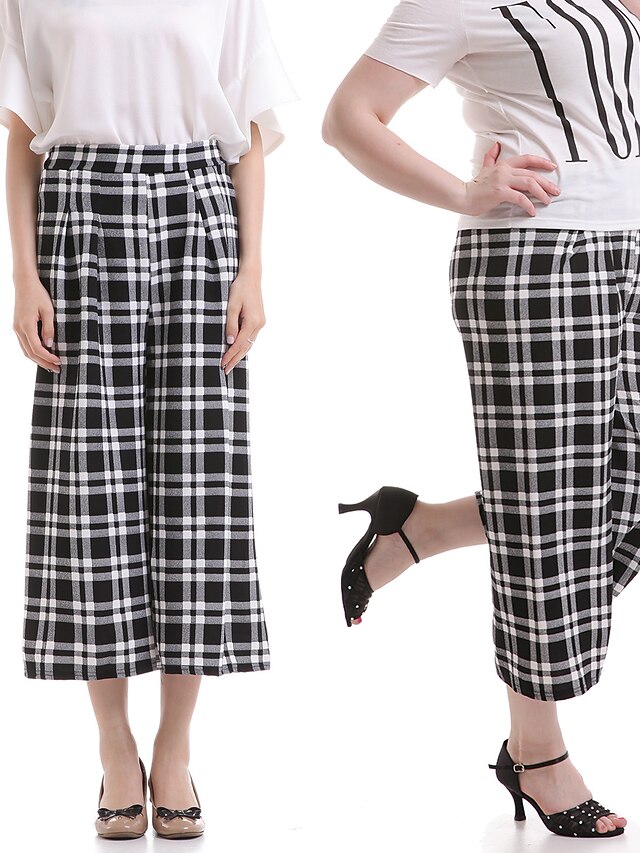  Women's Check Black Wide Leg Pants,Casual / Day