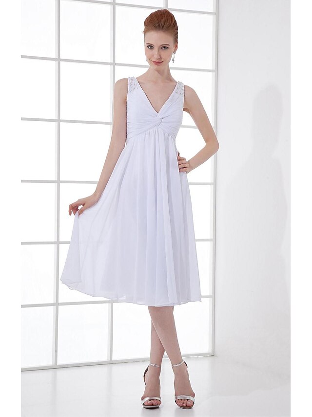  A-Line V Neck Knee Length Chiffon Bridesmaid Dress with Beading / Buttons by LAN TING BRIDE®
