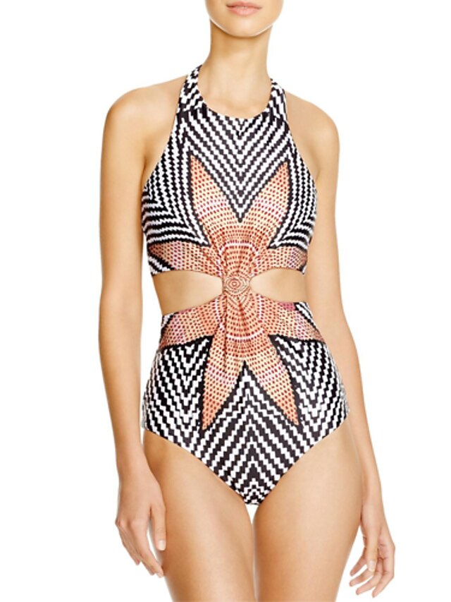  Women's Floral / Boho Halter Neck Monokini - Striped / Wireless / Padded Bras