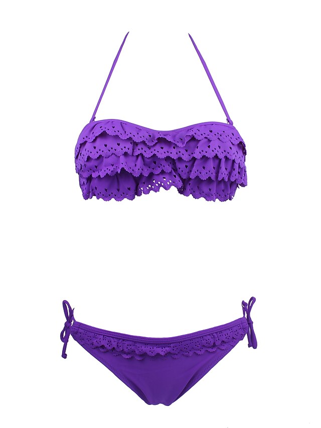  Women's Swimwear Bikini Swimsuit Solid Colored Purple Halter Neck Bathing Suits Push-Up Ruffle