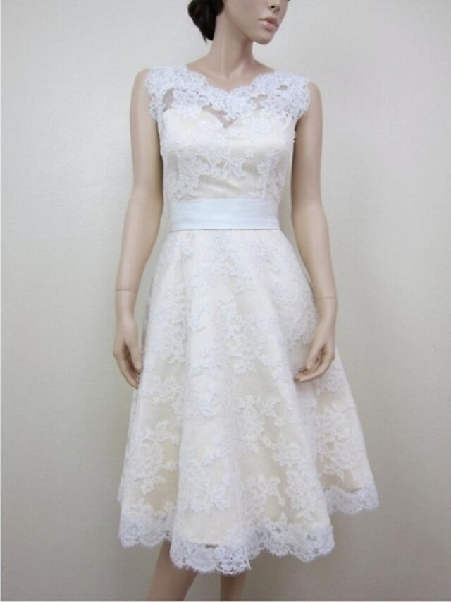  A-Line Jewel Neck Knee Length Lace / Satin Made-To-Measure Wedding Dresses with Appliques / Lace by LAN TING BRIDE®