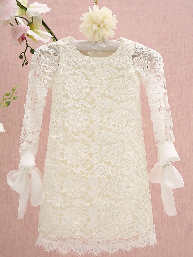  Sheath / Column Knee Length Flower Girl Dresses Holiday Lace Long Sleeve Jewel Neck with Lace
