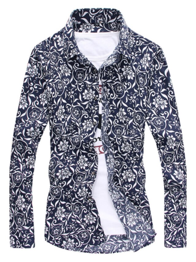  Men's Floral Print Shirt - Cotton Casual / Daily Plus Size White / Black / Navy Blue / Long Sleeve