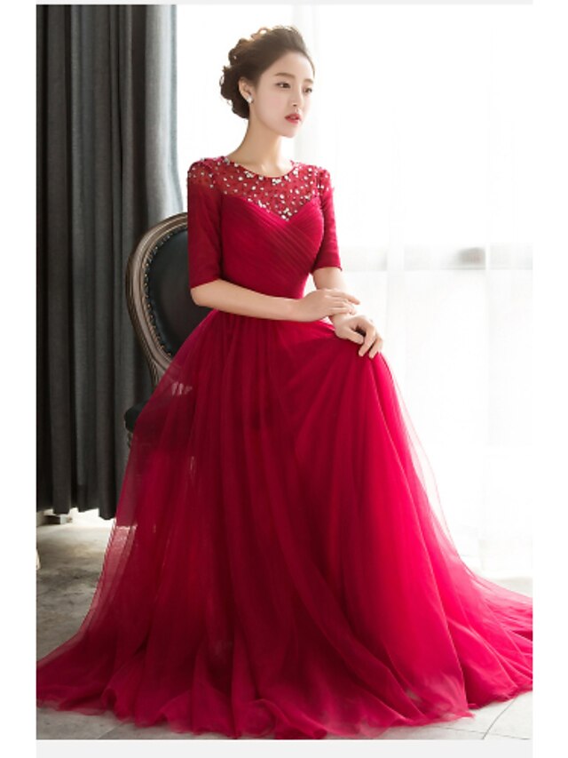  Sheath / Column Open Back Formal Evening Dress Jewel Neck Half Sleeve Floor Length Tulle with Beading 2020