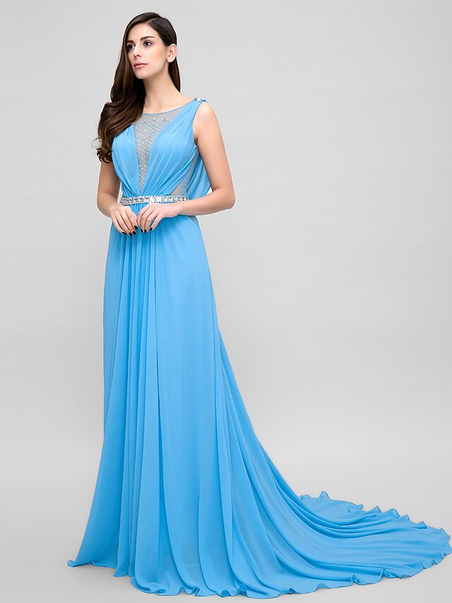  A-Line Illusion Neck Court Train Chiffon Open Back Formal Evening Dress with Beading by TS Couture®