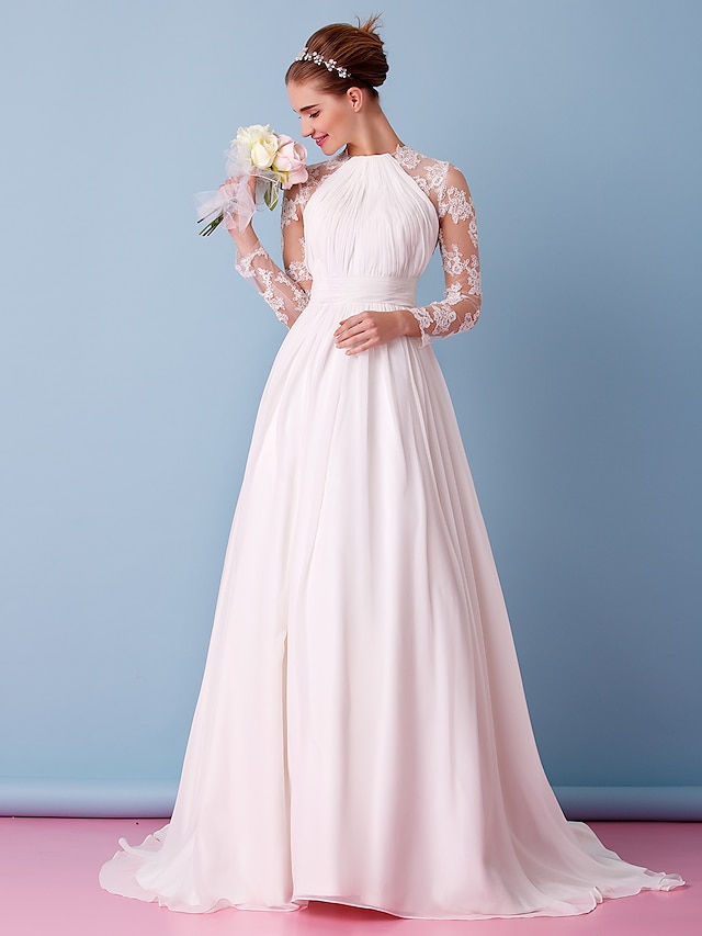 A-Line Wedding Dresses Jewel Neck Sweep / Brush Train Chiffon Sheer Lace Long Sleeve Simple Boho Little White Dress See-Through Illusion Sleeve with Lace Draping Appliques 2022