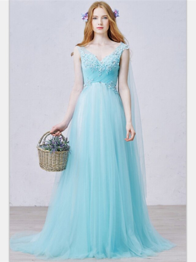  A-Line Elegant Formal Evening Dress V Neck Sleeveless Sweep / Brush Train Tulle with Beading Appliques 2020
