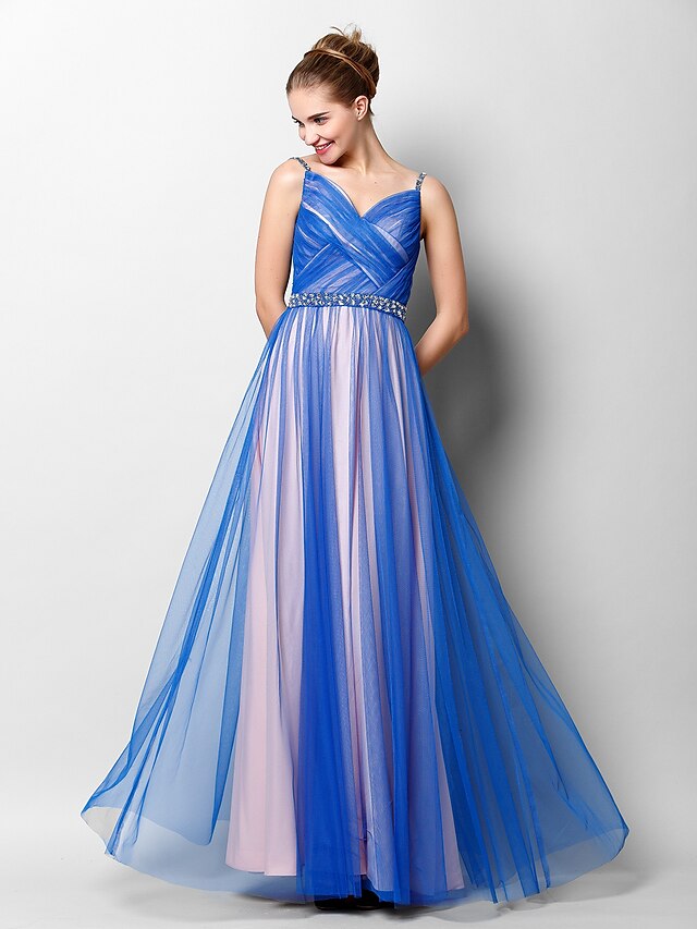  A-Line Lace Up Prom Formal Evening Dress Spaghetti Strap Sleeveless Floor Length Tulle with Criss Cross Beading