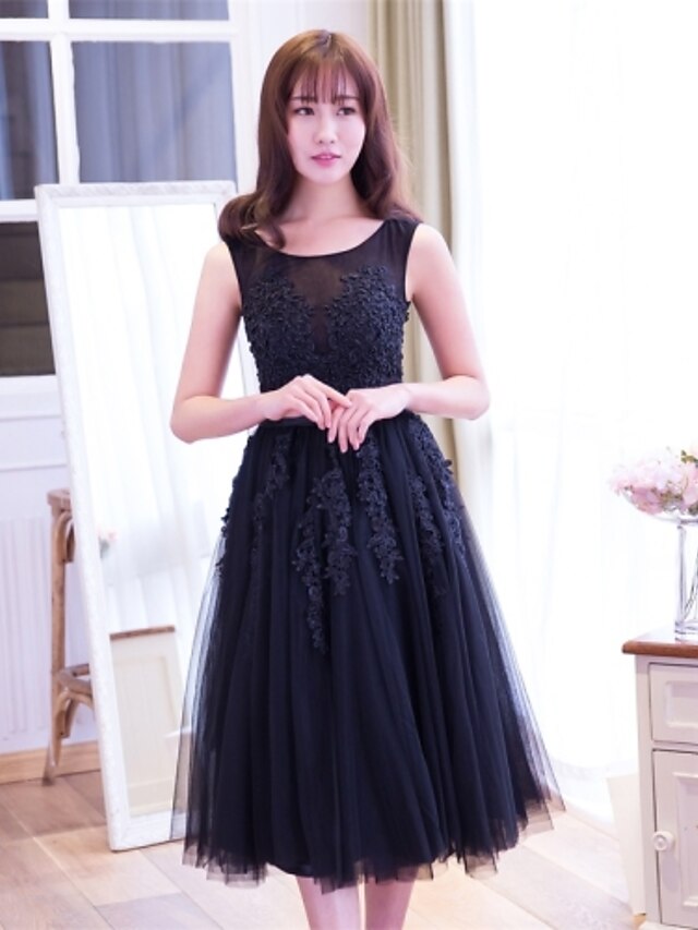  A-Line / Fit & Flare Scoop Neck Tea Length Lace / Tulle Little Black Dress Cocktail Party / Prom Dress with Appliques / Lace by LAN TING Express