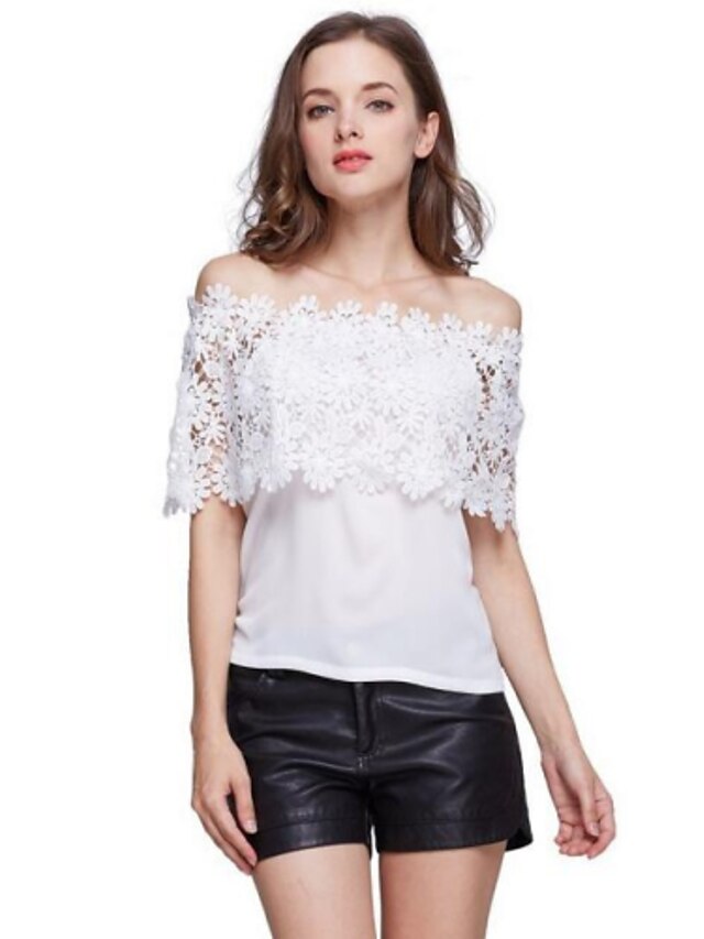  Women's Off The Shoulder Patchwork Lace All Match Sexy Cut Out T-shirt,Boat Neck Short Sleeve