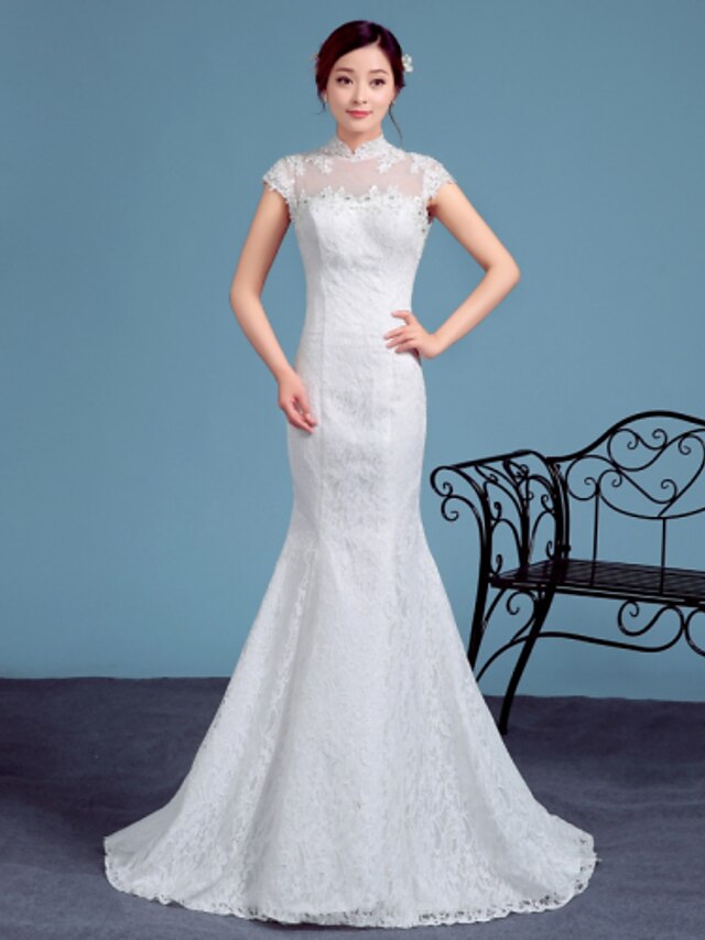  Mermaid / Trumpet High Neck Court Train Lace Tulle Wedding Dress with Lace by