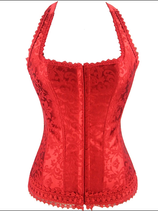  Corset Women's Red Cotton Modal Overbust Corset Hook & Eye Lace Up Jacquard
