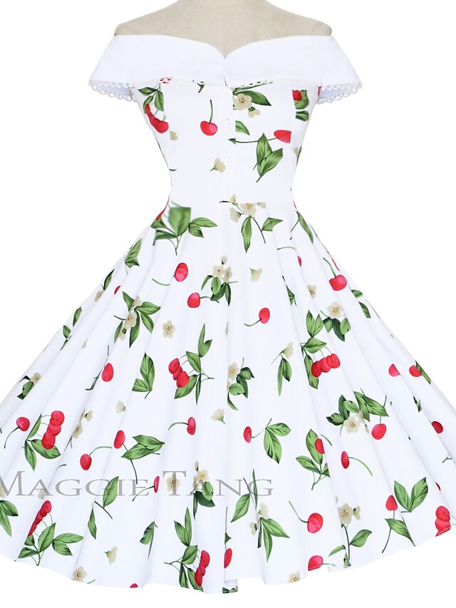  Mulheres Vintage Algodão Bainha balanço Vestido - Frente Única, Floral Decote Canoa Altura dos Joelhos Cinto Não Incluso