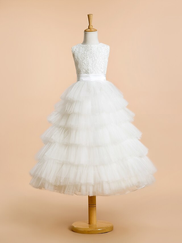  A-Line Tea Length Wedding / First Communion Flower Girl Dresses - Lace / Tulle Sleeveless Jewel Neck with Lace