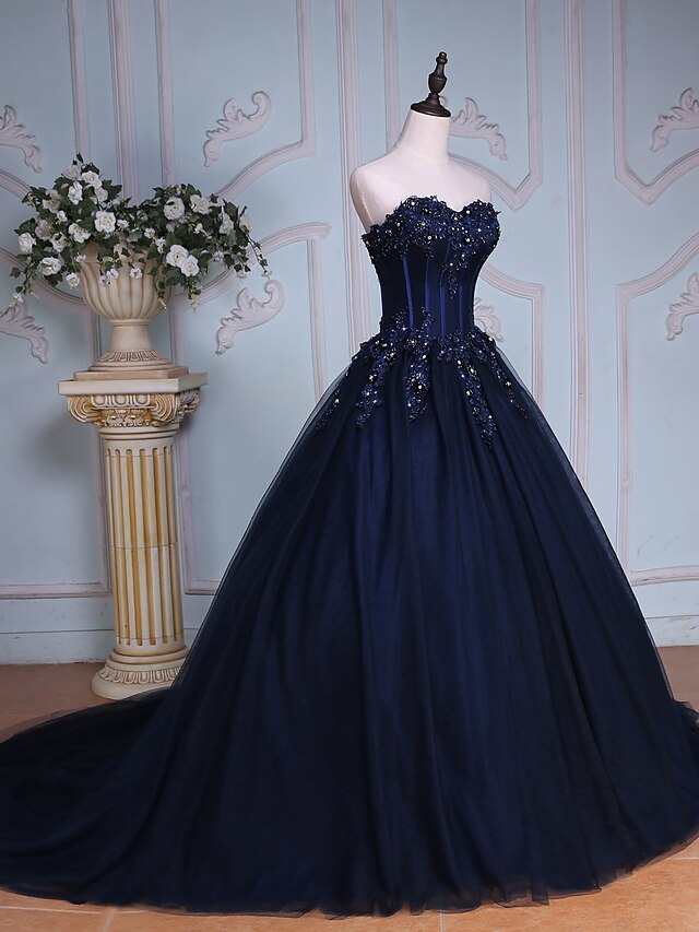  Ball Gown Elegant & Luxurious Lace Up Formal Evening Dress Sweetheart Neckline Sleeveless Chapel Train Tulle Over Lace with Beading Sequin 2020