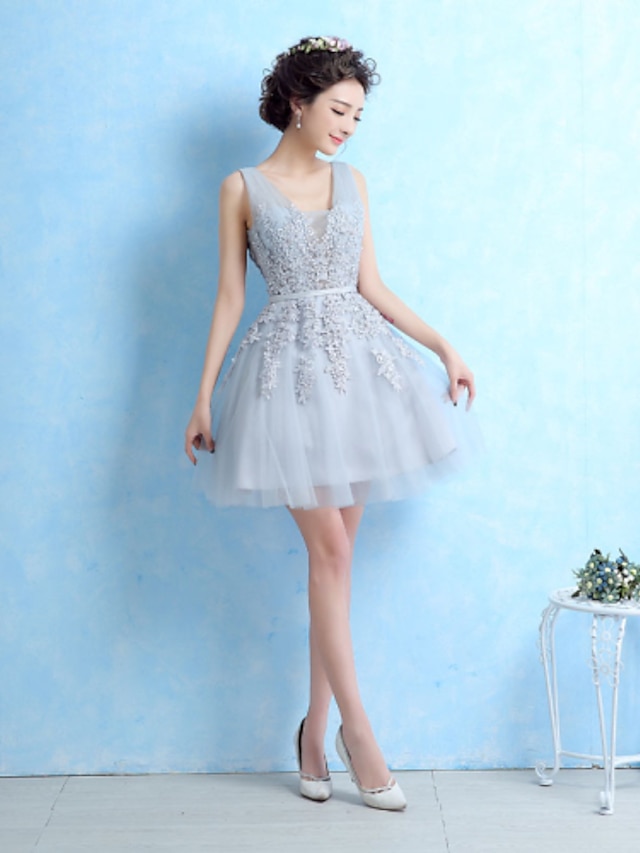  A-Line Lace Up Cocktail Party Dress V Neck Sleeveless Short / Mini Lace with Sash / Ribbon Beading 2022