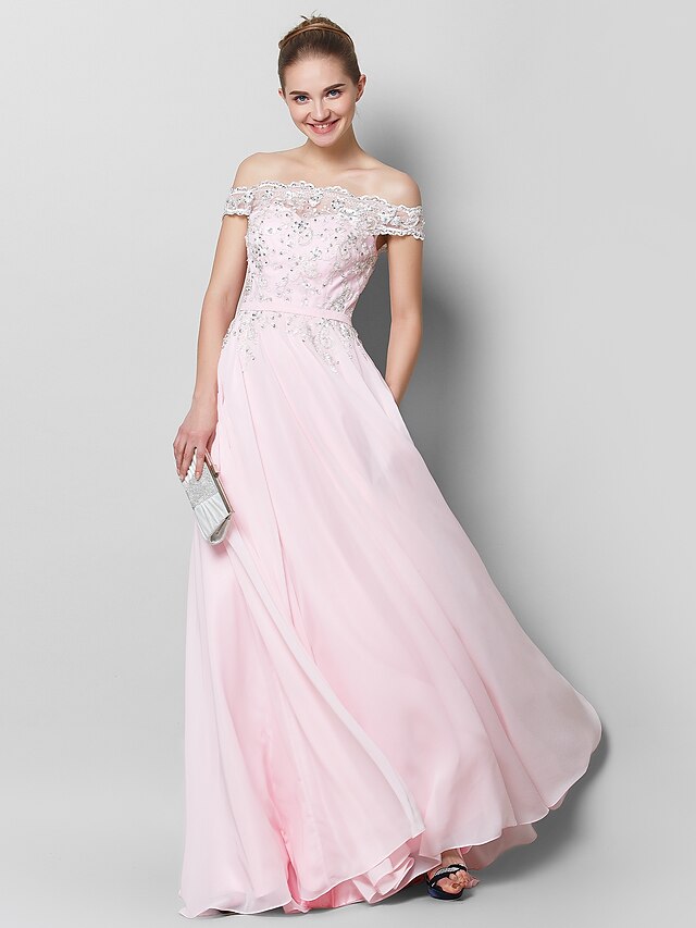  A-Line Sparkle & Shine Prom Formal Evening Dress Off Shoulder Sleeveless Floor Length Chiffon with Appliques