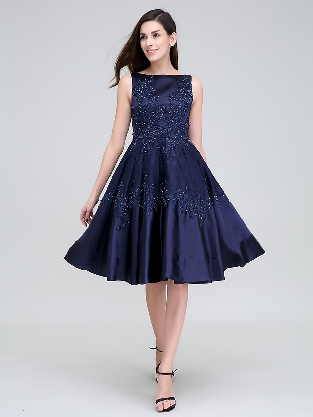  A-Line Fit & Flare Dress Cocktail Party Knee Length Sleeveless Bateau Neck Lace with Lace Beading Appliques  / Prom