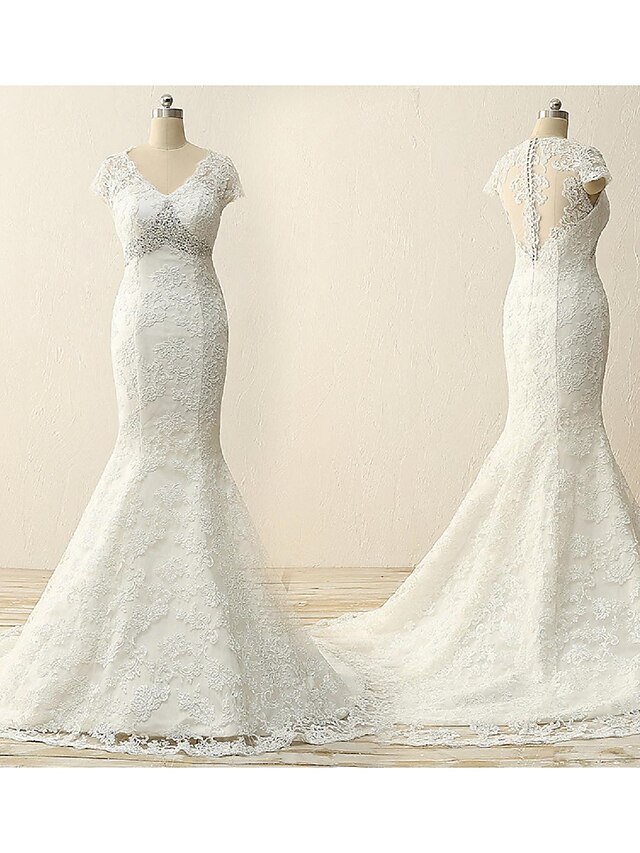  Mermaid / Trumpet Wedding Dresses V Neck Court Train Lace Sleeveless See-Through with Lace Sash / Ribbon Appliques 2021