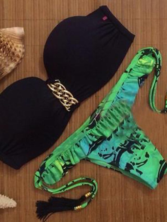  Women's Swimwear Bikini Swimsuit Print Floral Green Bandeau Strapless Bathing Suits / Padded Bras / Sexy
