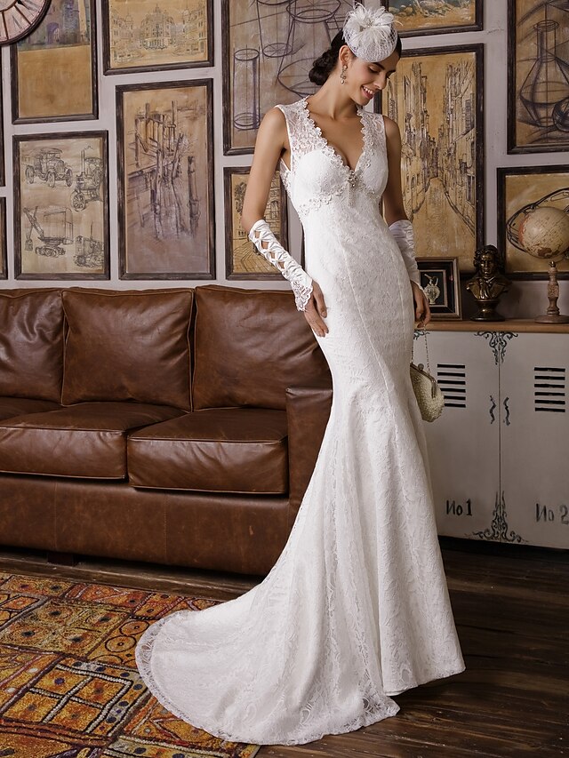  A sirena Abiti da sposa A V Strascico a terra Pizzo totalmente floreale Cinghie Regolari Scollatura posteriore con Perline Con applique 2020