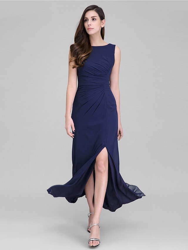  Sheath / Column Furcal Dress Formal Evening Ankle Length Sleeveless Scoop Neck Georgette with Side Draping 2024