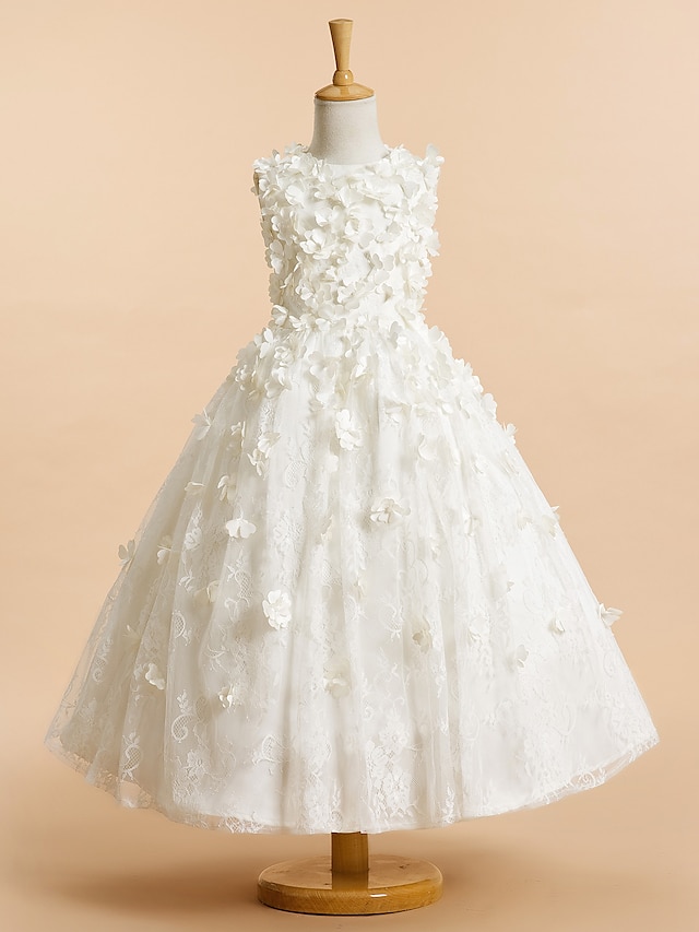  A-Line Tea Length Flower Girl Dresses Wedding Lace Sleeveless Jewel Neck with Flower 2022 / First Communion