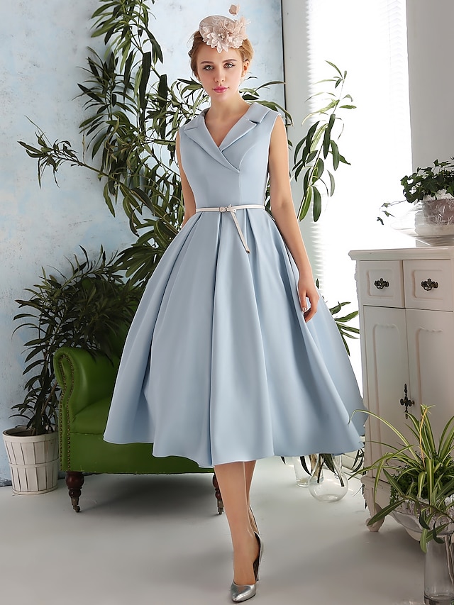  A-Line Elegant Vintage Inspired Cocktail Party Prom Dress V Neck Sleeveless Tea Length Spandex with Sash / Ribbon 2022