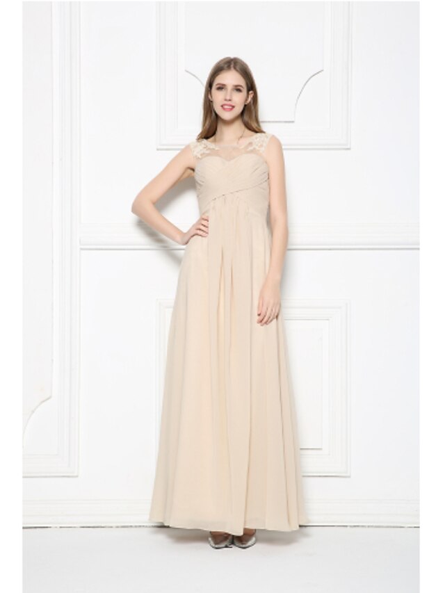  A-Line Scoop Neck Floor Length Chiffon Bridesmaid Dress with Beading / Appliques / Side Draping by